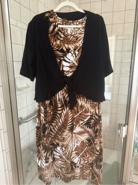 Women’s Brown Leaf Print Midi Dress with Black Tie-Front Shrug